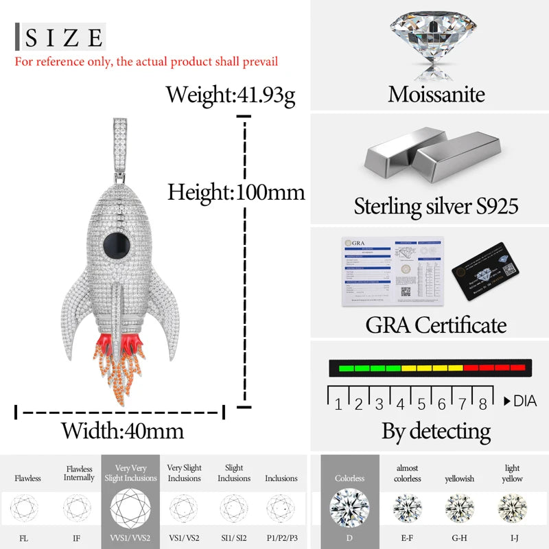 TUHE Unisex Custom Round Rocket Pendants Necklaces Ice Out Moissanite 925 silver Pendants For Men Hip Hop Jewelry Gift