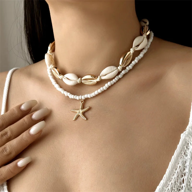 Mulitlayer Ocean Starfish Shells Pendant Necklace For Women Elegant Imitation Pearl Beads Choker Necklace Beach Party Jewelry - Madeinsea©