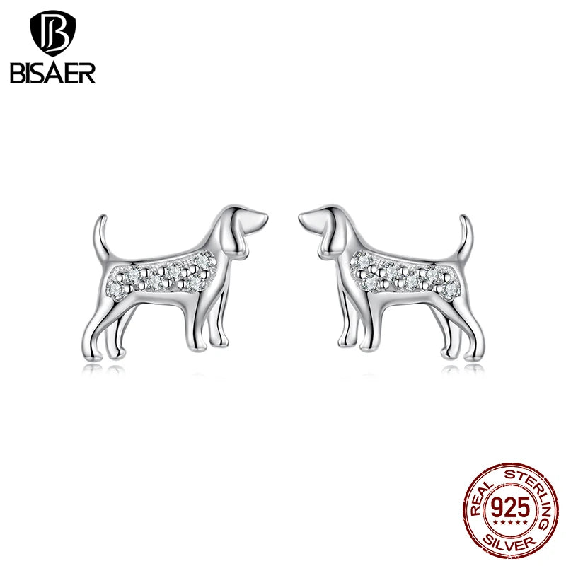 BISAER 925 Sterling Silver Golden Retriever Stud Earrings Pet Dog Earrings Pavé Setting Zircon Plated White Gold Women Jewelry