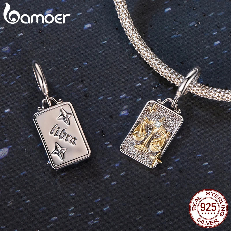 BAMOER 925 Sterling Silver Two-tones Constellation Pendant 12 Zodiac Beads for Necklace DIY Birthday Gift Jewelry Accessories