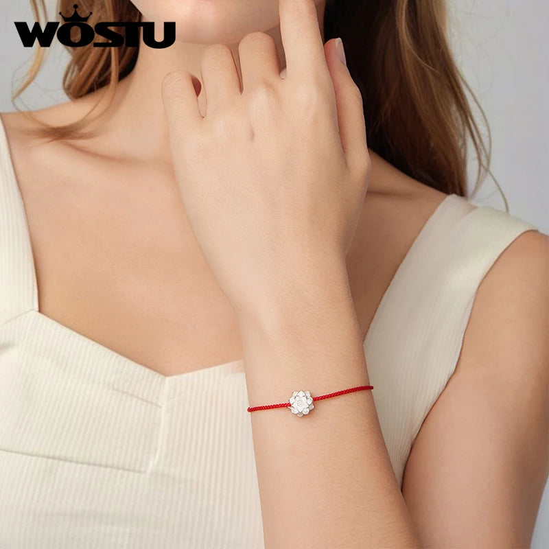 WOSTU Lotus Red Braided Cord Wrist Bracelet for Women, 925 Sterling Silver Elegant 3D Flower Charm Adjustable Rope Bangle