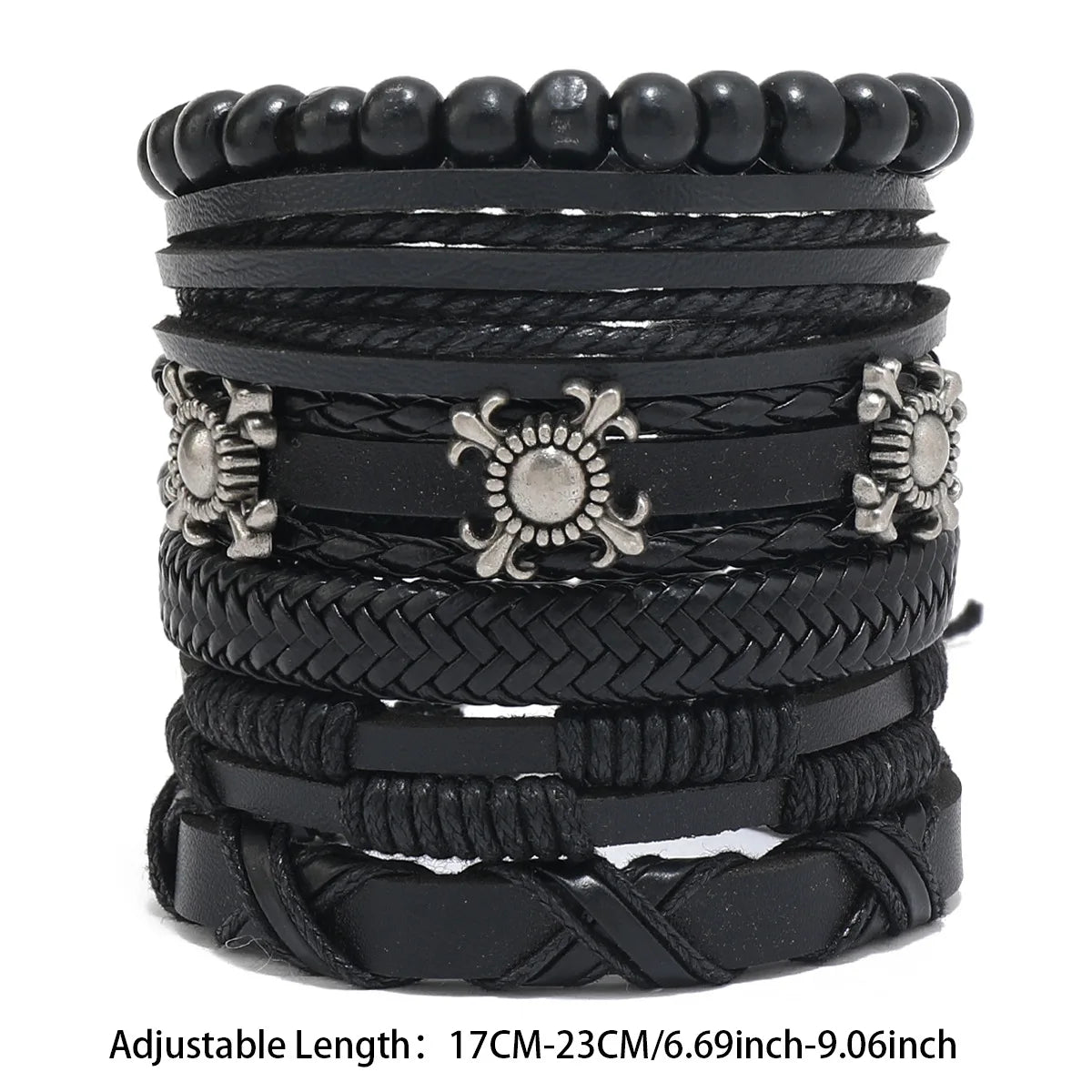 Fashion Black Skull Multi-layer Beaded Hand Leather Bracelet for Men Set Adjustable DIY Leather Winding Hand Rope