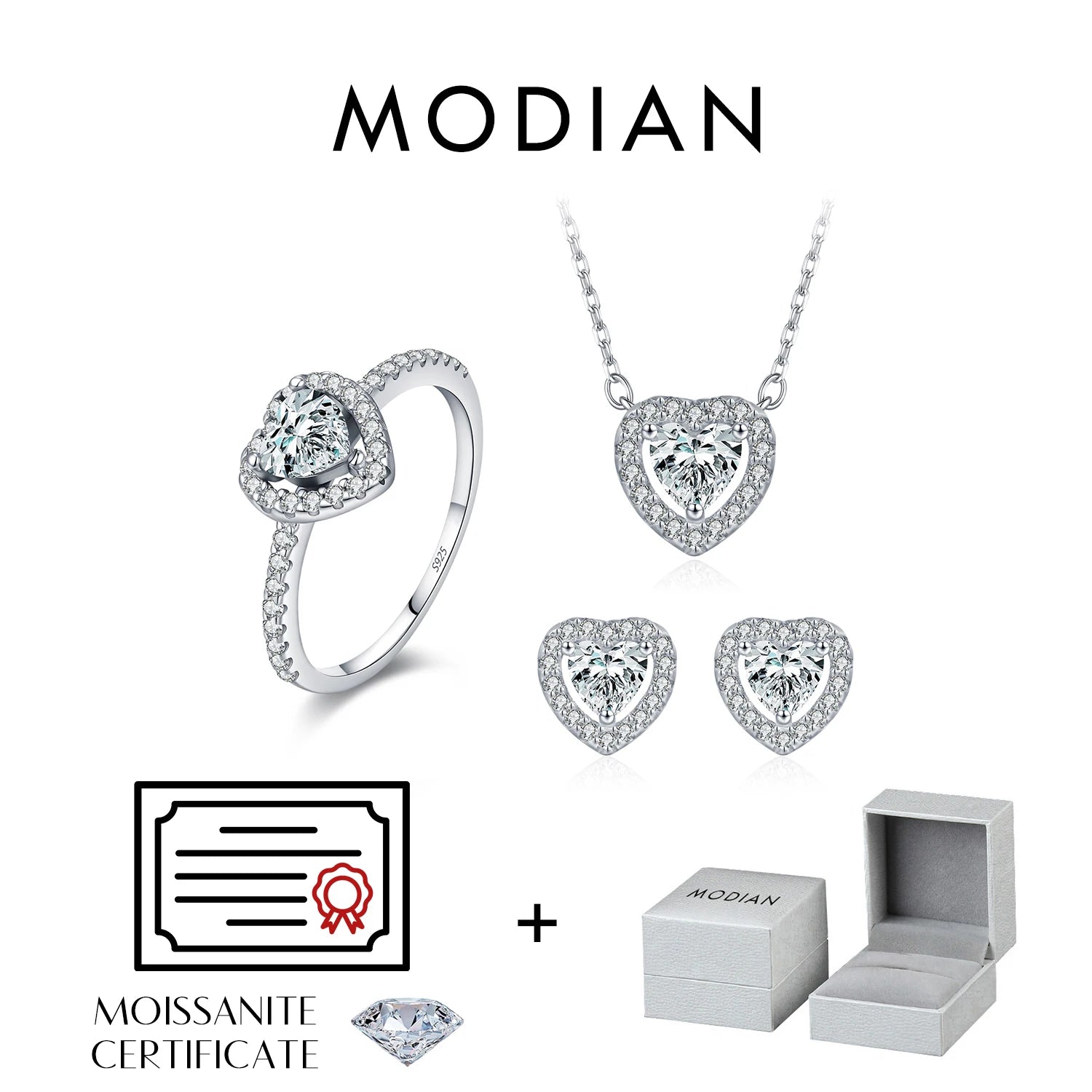 MODIAN Heart Moissanite Wedding Set 925 Sterling Silver Luxury Halo Earring Sparkle Rings Necklace For Women Bridal Jewelry