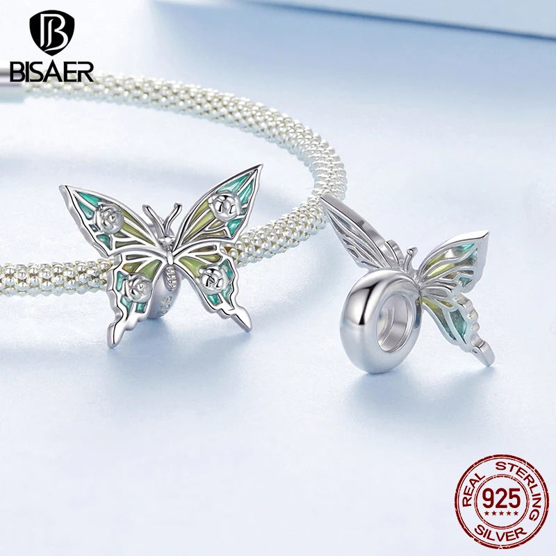 BISAER 925 Sterling Silver Butterfly Flower Silicone Charm Bead Dragonfly Crab Pendant For Women Girl DIY Bracelets Fine Jewelry