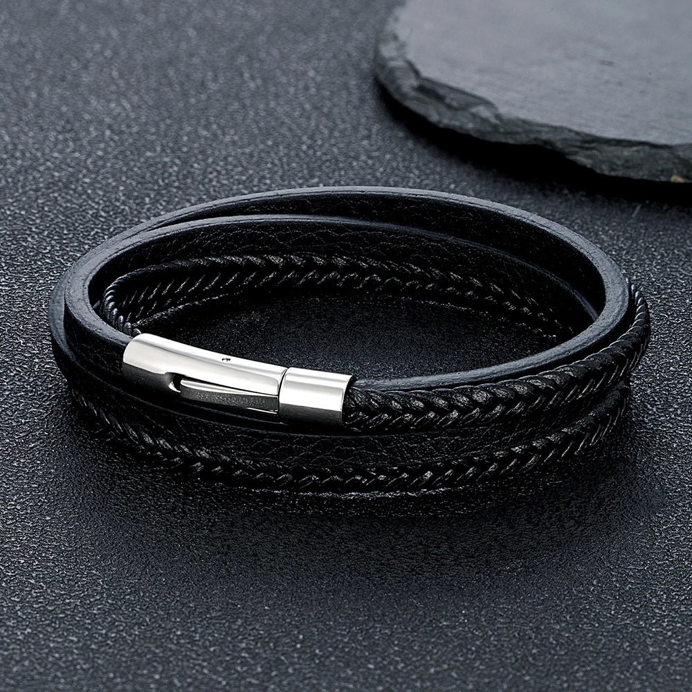 MKENDN Minimalist Men Double Strand Woven Orange Leather Bracelet Stainless Steel Button Buckle Accessories Handmade Jewelry