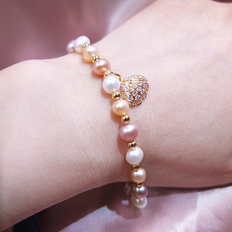 OXTAO Daily Wear Natural Cultured Freshwater Pearl Shell Charm Bracelet 4K Gold Filled Exquisite Birthday Jewelry Gift