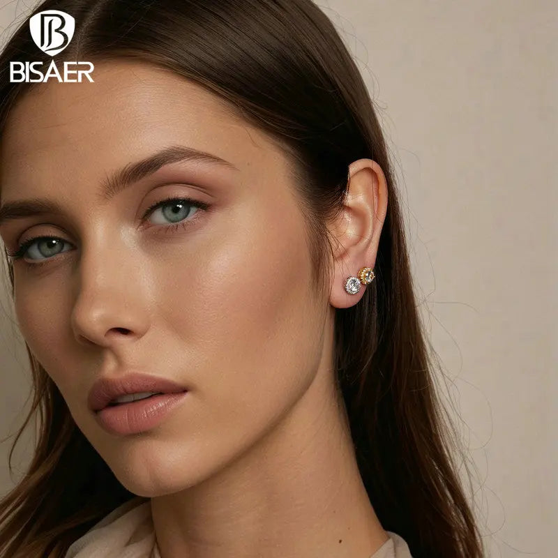 BISAER 925 Sterling Silver Sparkling Zircon Stud Earrings Round Hypoallergenic Stud Ear Plated 18K Gold for Women Fine Jewelry