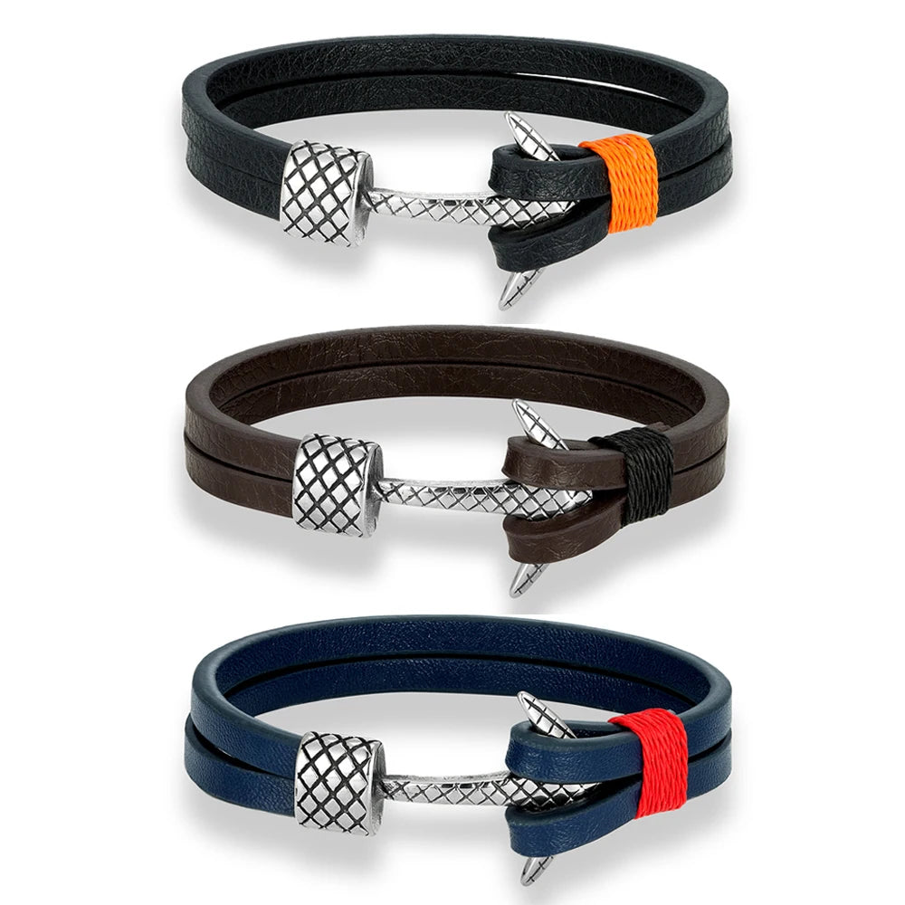 MKENDN Minimalist Men Double Strand Woven Leather Bracelet Stainless Steel Anchor Buckle Accessories Handmade Jewelry Gifts