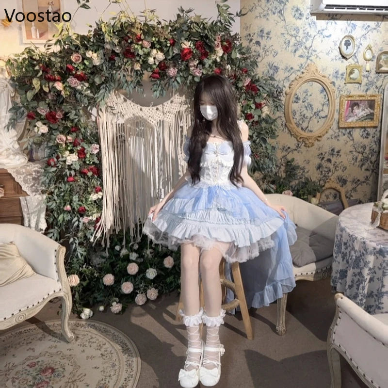 Japanese Kawaii Lolita Jsk Dress Women Sweet Cute Bow Flower Wedding Party Mini Dresses Gothic Y2k Sleeveless Princess Dresses