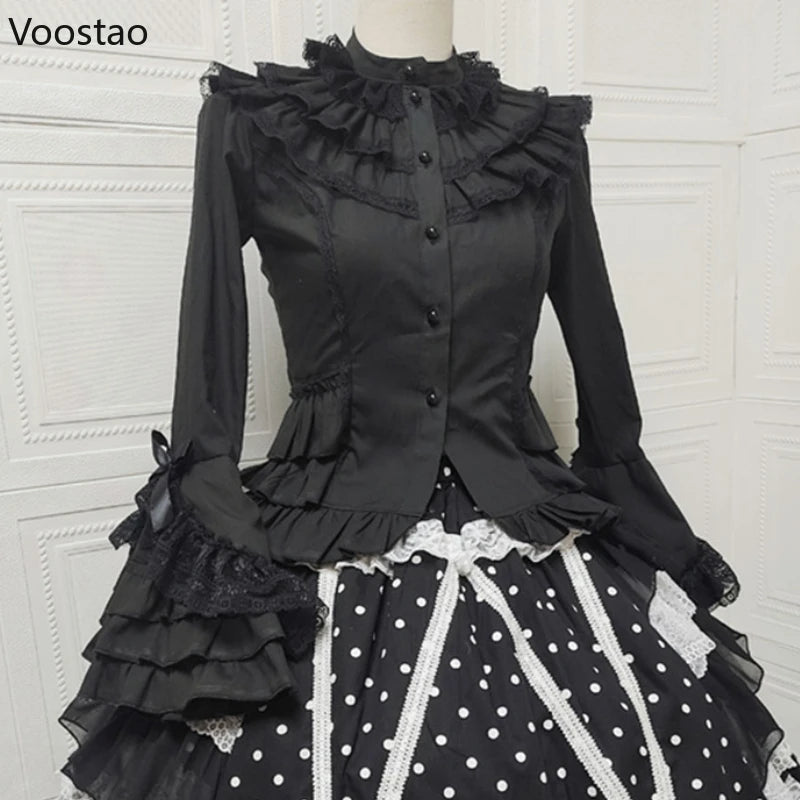 Japanese Gothic Lolita Style Shirts Women Vintage Elegant Long Sleeves Bow Blouse Female Victorian Lace Ruffles Collar Slim Tops