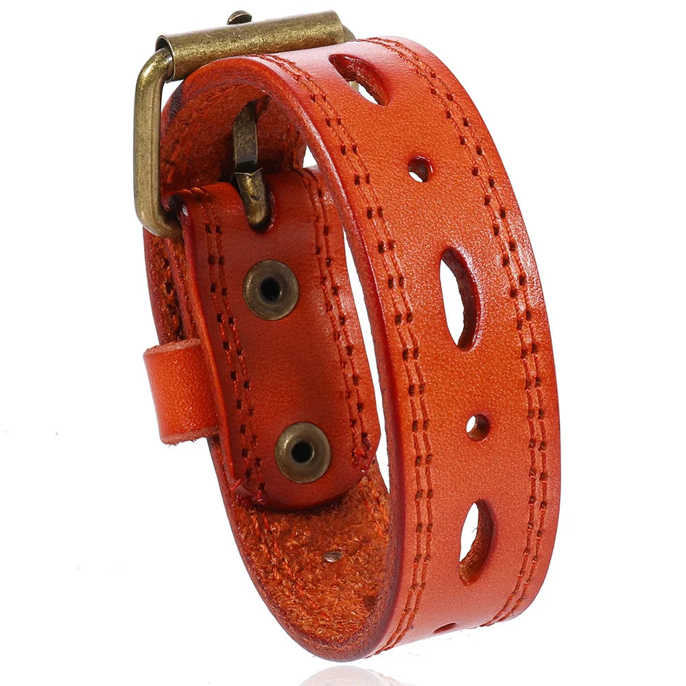 MKENDN Norse Viking Wide Cowhide Leather Punk Wristband Adjustable Cuff Bangles for Men Women Friendship Bracelets Gifts