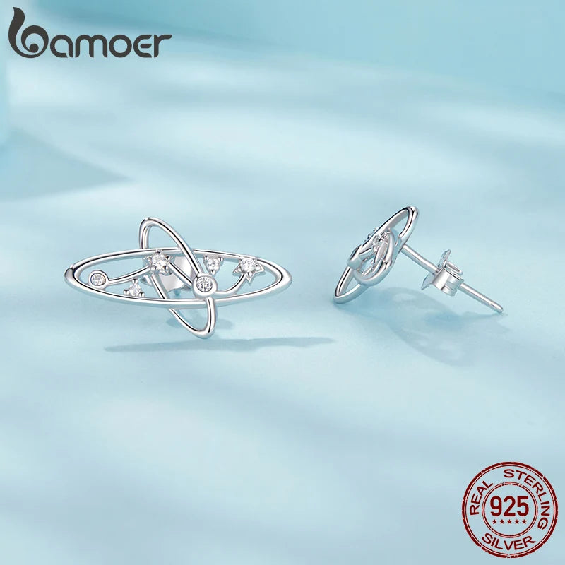 BAMOER Authentische Ohrstecker aus 925er Sterlingsilber mit Milchstraße, weißvergoldet, hypoallergen, planetenförmig, CZ-Ohrstecker, schickes Schmuckstück