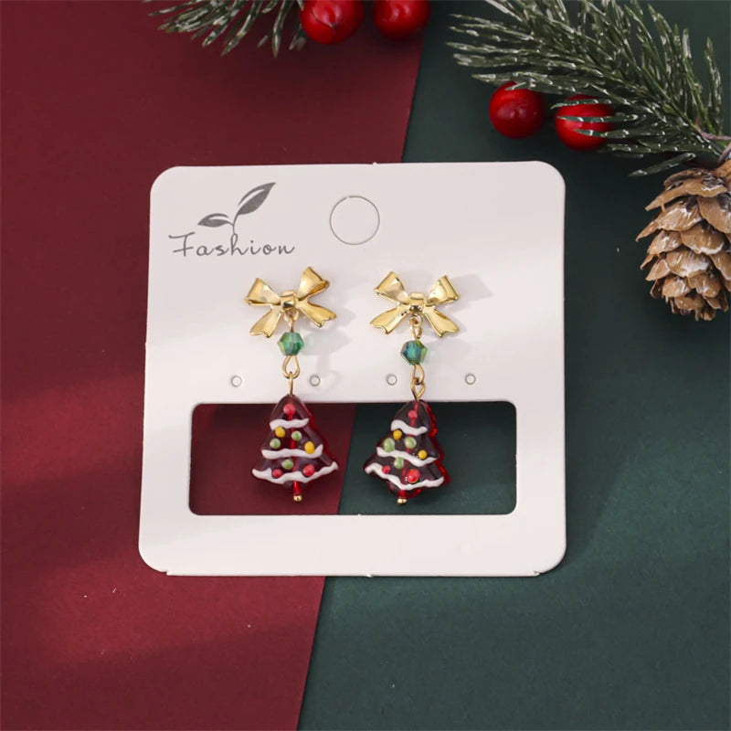 Light Luxury Colored Glass Christmas Tree Earrings For Women Unique Design Exquisite Bowknot Red Beads Earring New Year Jewelry