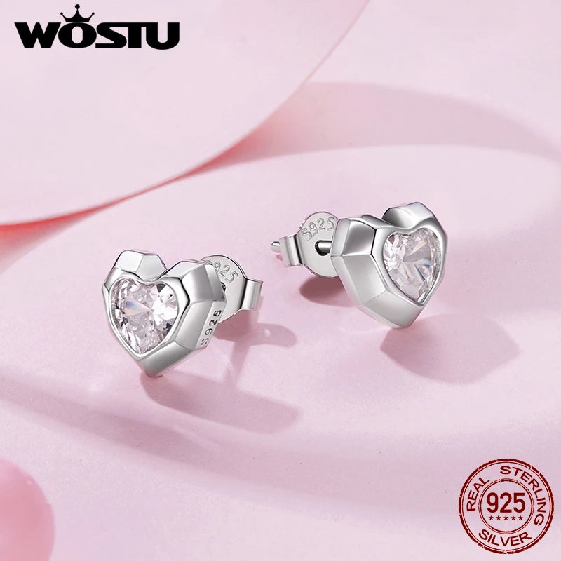 WOSTU 925 Sterling Silver Heart Stud Earrings for Women, Hypoallergenic Studs Luxury Prong Setting Gift for Valentines Day Mom