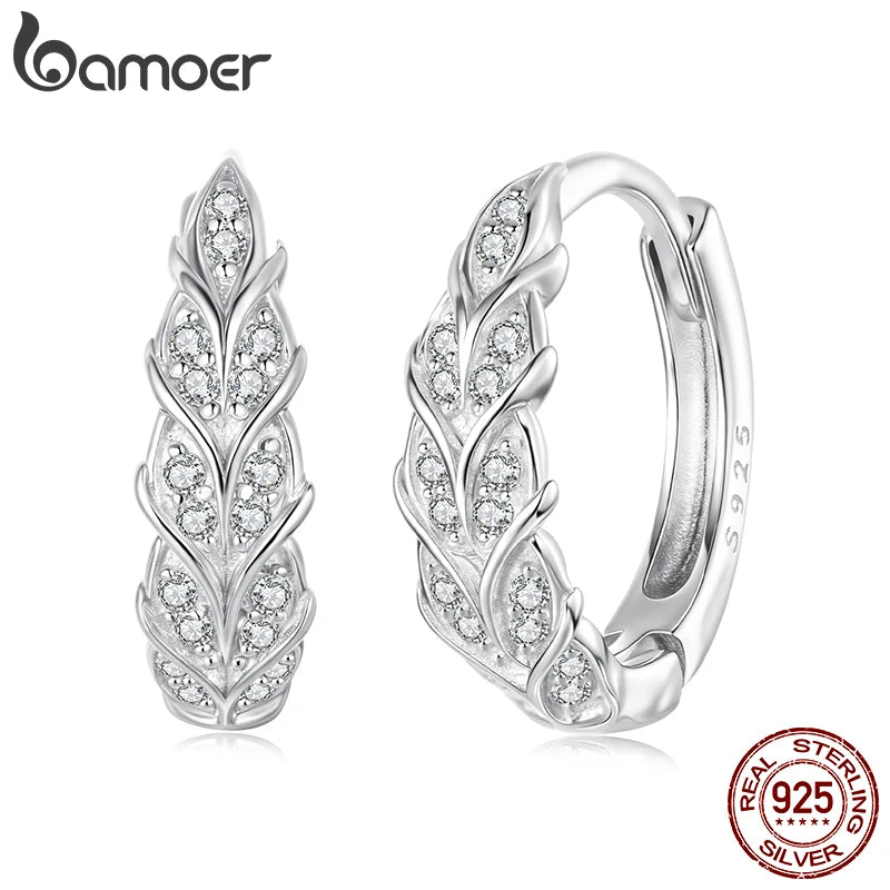 BAMOER 925 Sterling Silver Wheat Hoop Earrings for Women, Full Zircons Feather Shape Earrings Lightweight Shining Jewelry Gift
