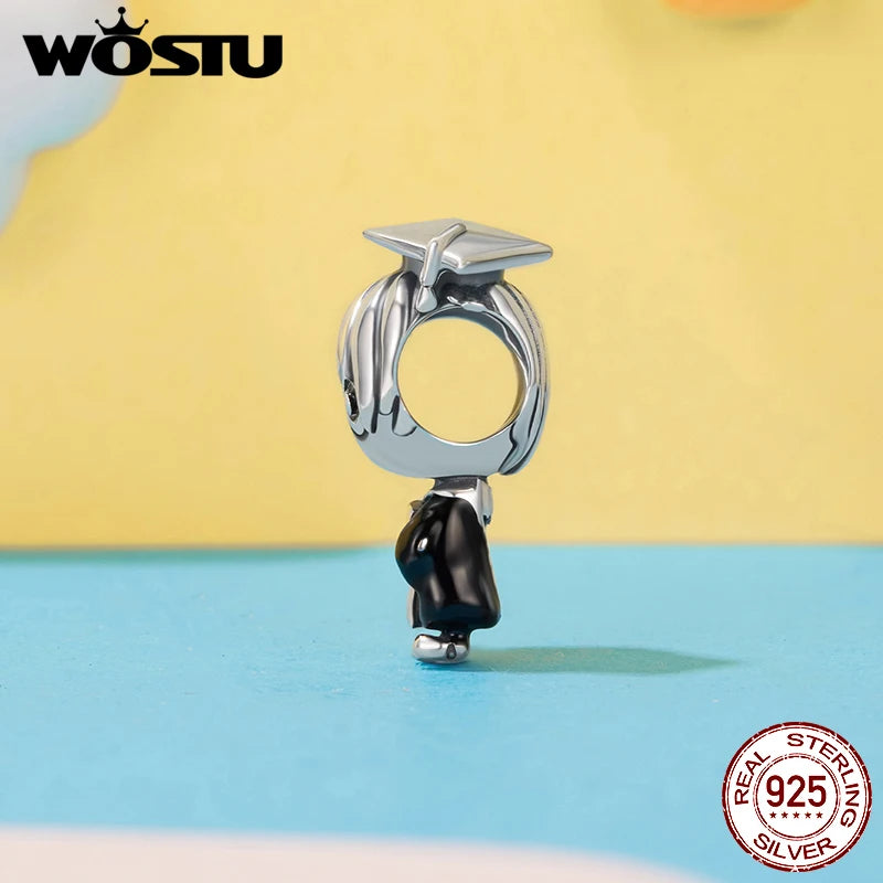 WOSTU 925 Sterling Silver Graduation Charm Unicorn Wise Owl Pendant Bachelor's cap Beads Original for Girl Boy Fine Jewelry DIY