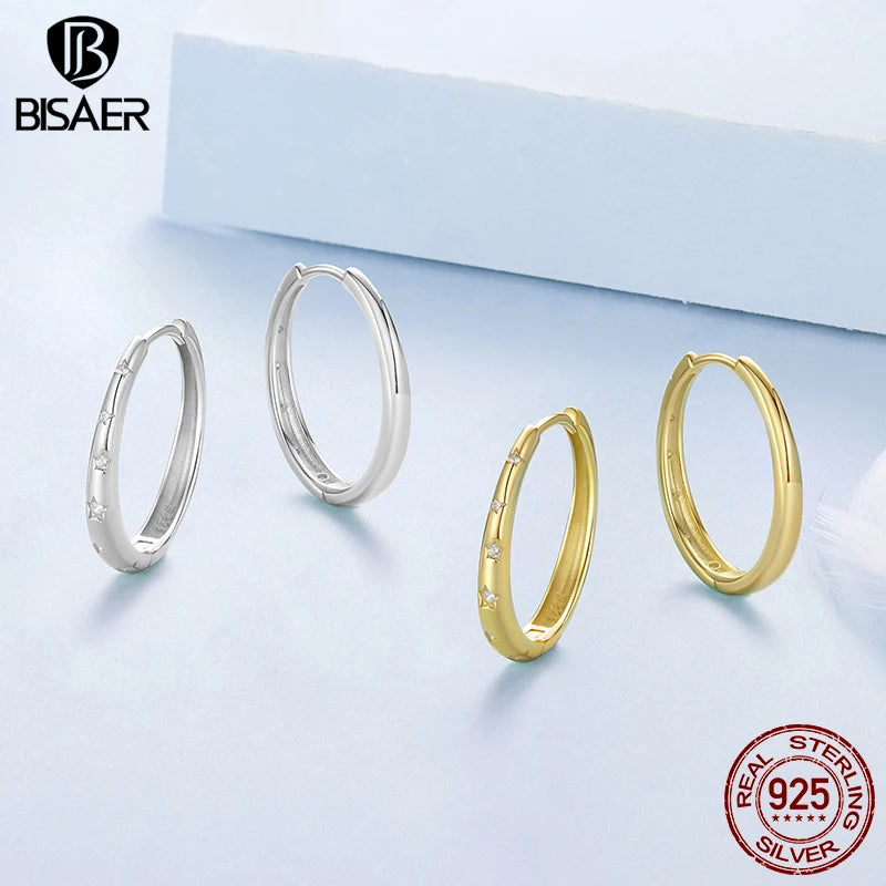 BISAER 925 Sterling Silver Star Hoop Earrings,Large Hoop Hypoallergenic Lightweight Huggie Earring 14K Gold for Woman Trend Gift