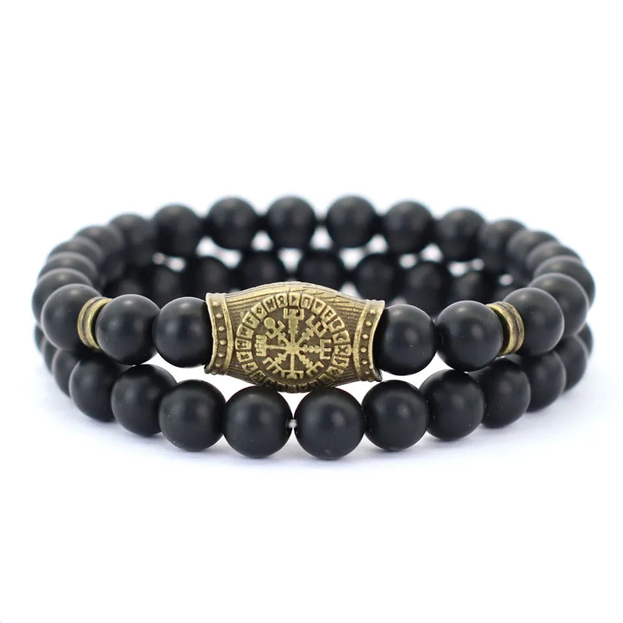 2Pcs Retro Viking Bracelet Set Men 8mm Volcano Howlite Hematite Stone Healing Braslet Meditation Yoga Prayer Strand Braclet Gift