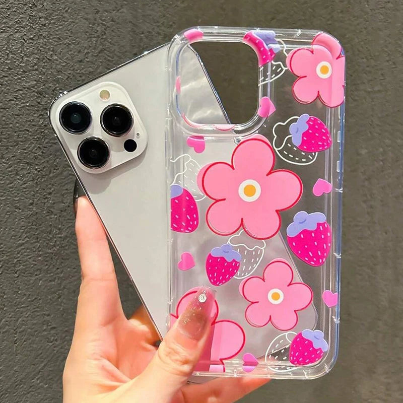 Pink Flower Strawberry Clear Phone Case For iPhone 14 13 11 12 15 16 17 Air Pro Max 16E SE2 7 8 Plus Airbag Shockproof Cover