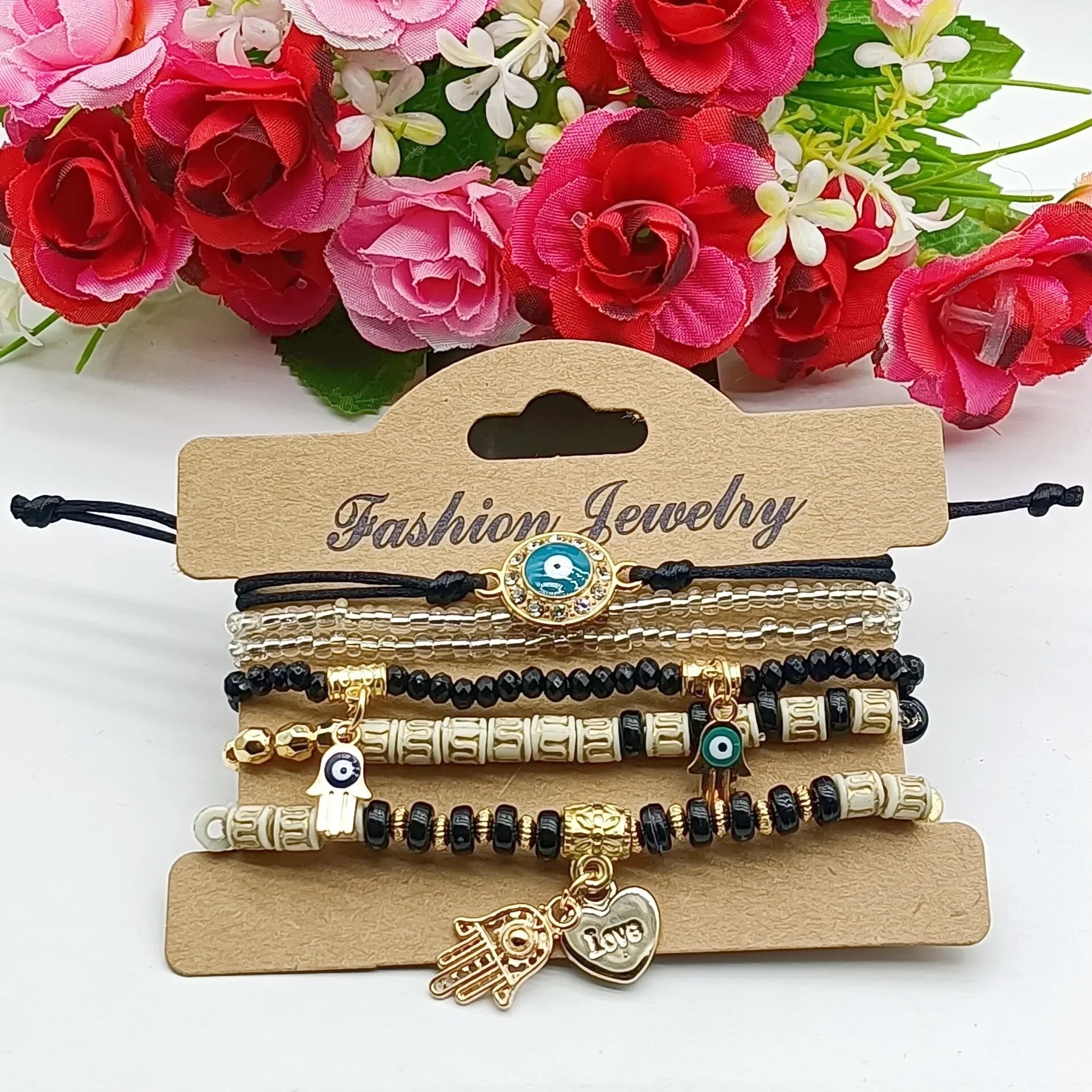 6Pcs Fatima Hand Evil Eye Bracelet Set For Women Heart Charm Beads Rope Chain Bangle Female Bohemian Handmade Jewelry