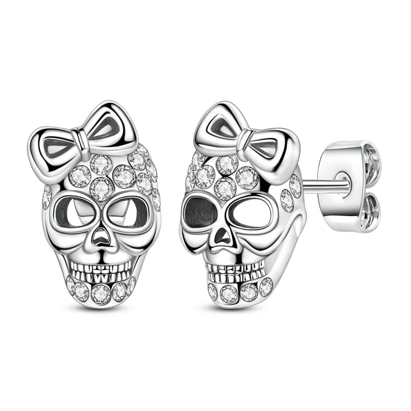 Amazing 925 Sterling Silver Black Spider & Shiny Bow Skull & Pumpkin Head Stud Earrings For Halloween Party Fine Jewelry Gift