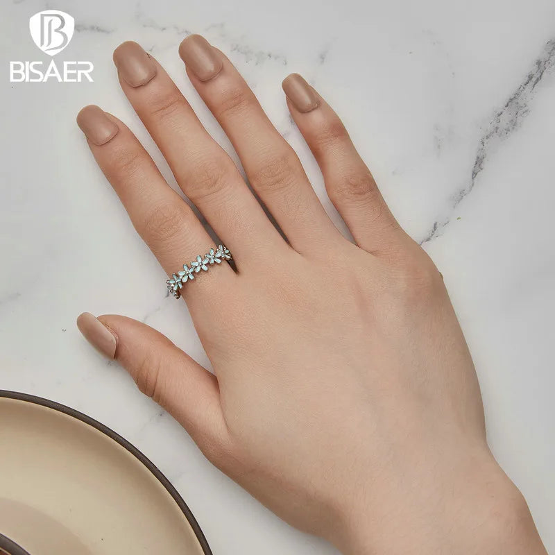 Bague BISAER en argent sterling 925 avec couronne bleue et rose, taille 5 à 9, bande de fleurs en émail pour amoureux, cadeau d'anniversaire, bijoux fins