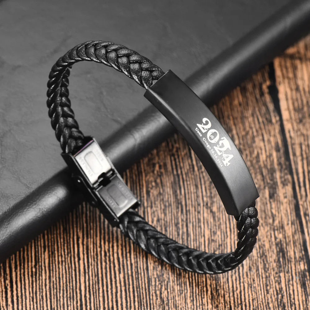 MKENDN Engrave Name Words Stainless Steel Bar Bracelets Braided Leather Metal Bangle Personalized Gift for Men Women