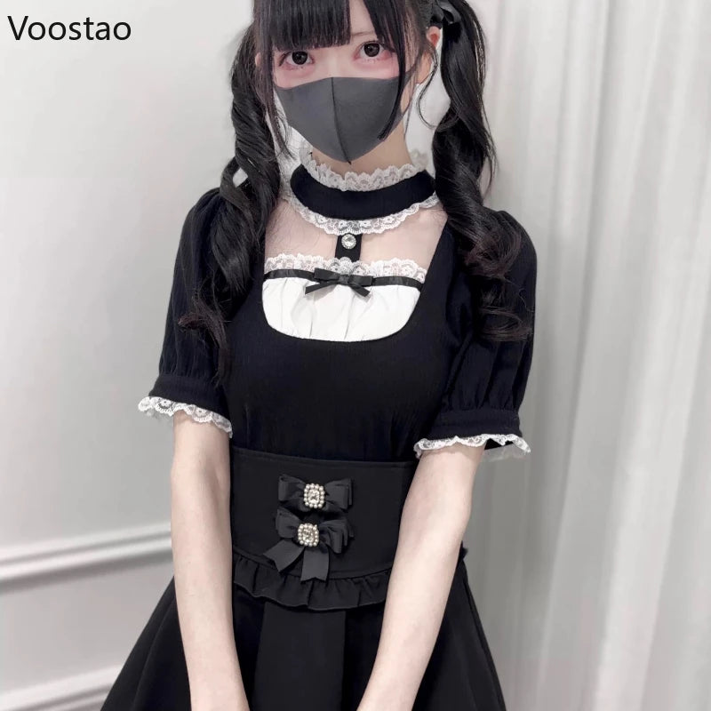 Japanese Gothic Lolita Style Shirts Women Vintage Sweet Y2k Lace Ruffles Short Sleeve Plaid Blouses Jirai Kei Girls Casual Tops