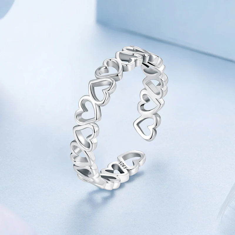 WOSTU 925 sterling Silver Hollow Heart Open Ring For Women Valentine's Jewelry Lovely Heart-shaped Stackable Rings Gift For Mom