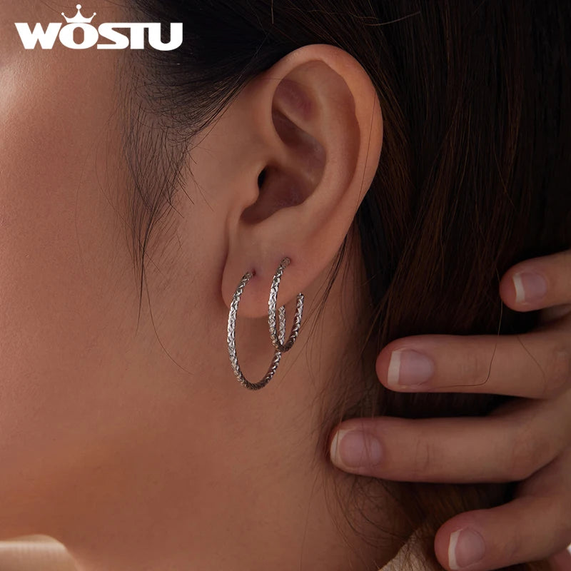 WOSTU 925 Sterling Silver Simple Luxury Hoop Earrings For Women, S925 Stacking Hoops Textured Women Statement Jewelry Gift