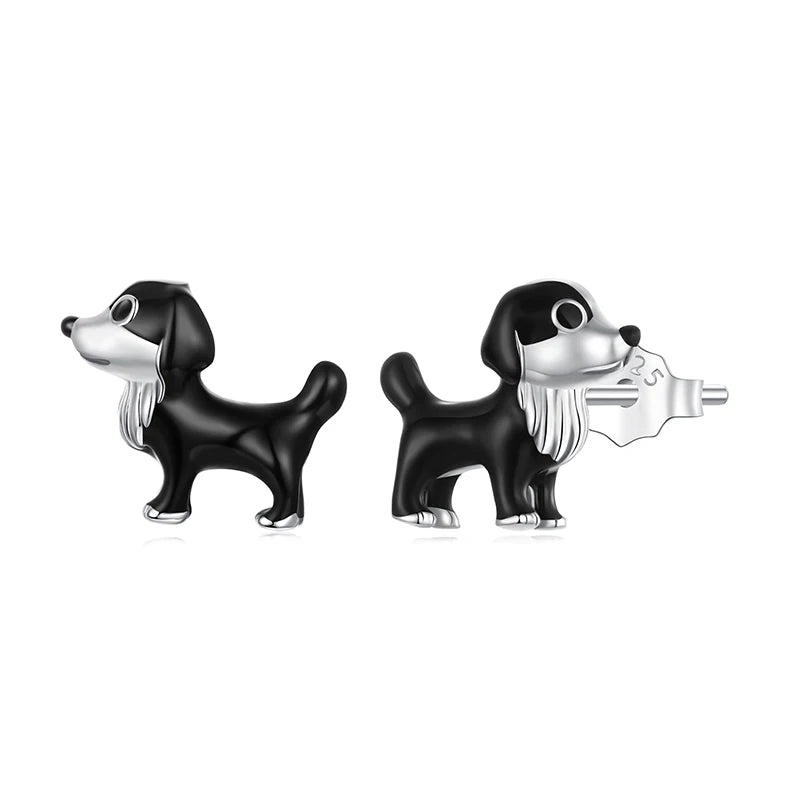 BAMOER 925 Sterling Silver Cut Border Collie Stud for Pet Lover, Enamel Black Playful Dog Piercing Hypoallergenic Earrings