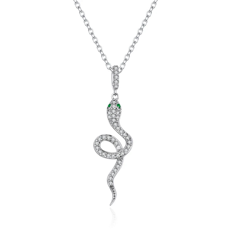 BISAER 925 Sterling Silver Snake Necklace Pendant Pave Setting Zircon Plated Platinum for Women Adjustable Chain Fine Jewelry