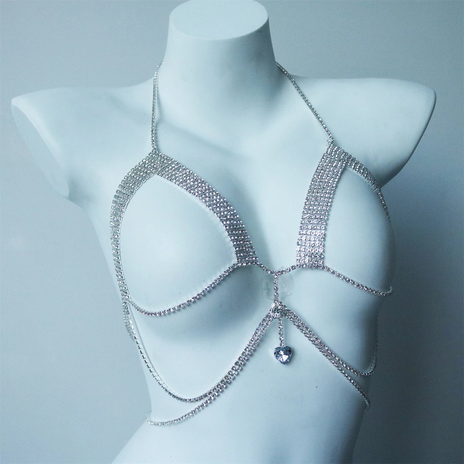 Sexy Shining Love Crystal Chest Chain Pendant Jewelry Nightclub Party Bikini Rhinestone Chest Chain Underwear Dressing