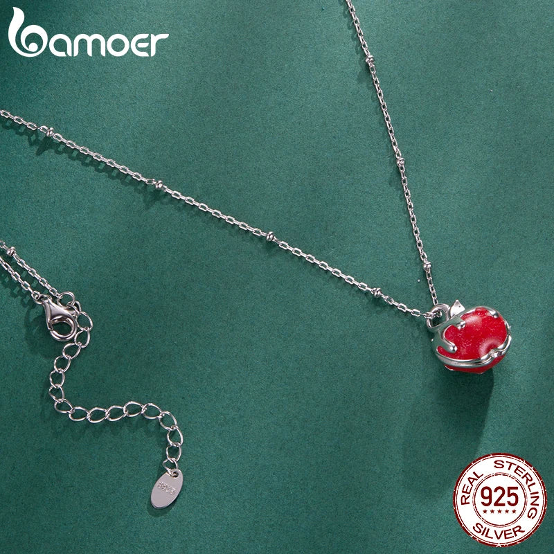 BAMOER 925 Sterling Silver Christmas Apple Pendant Necklace Adjustable Link Chain with Beads for Women Teens Xmas Jewelry Gift