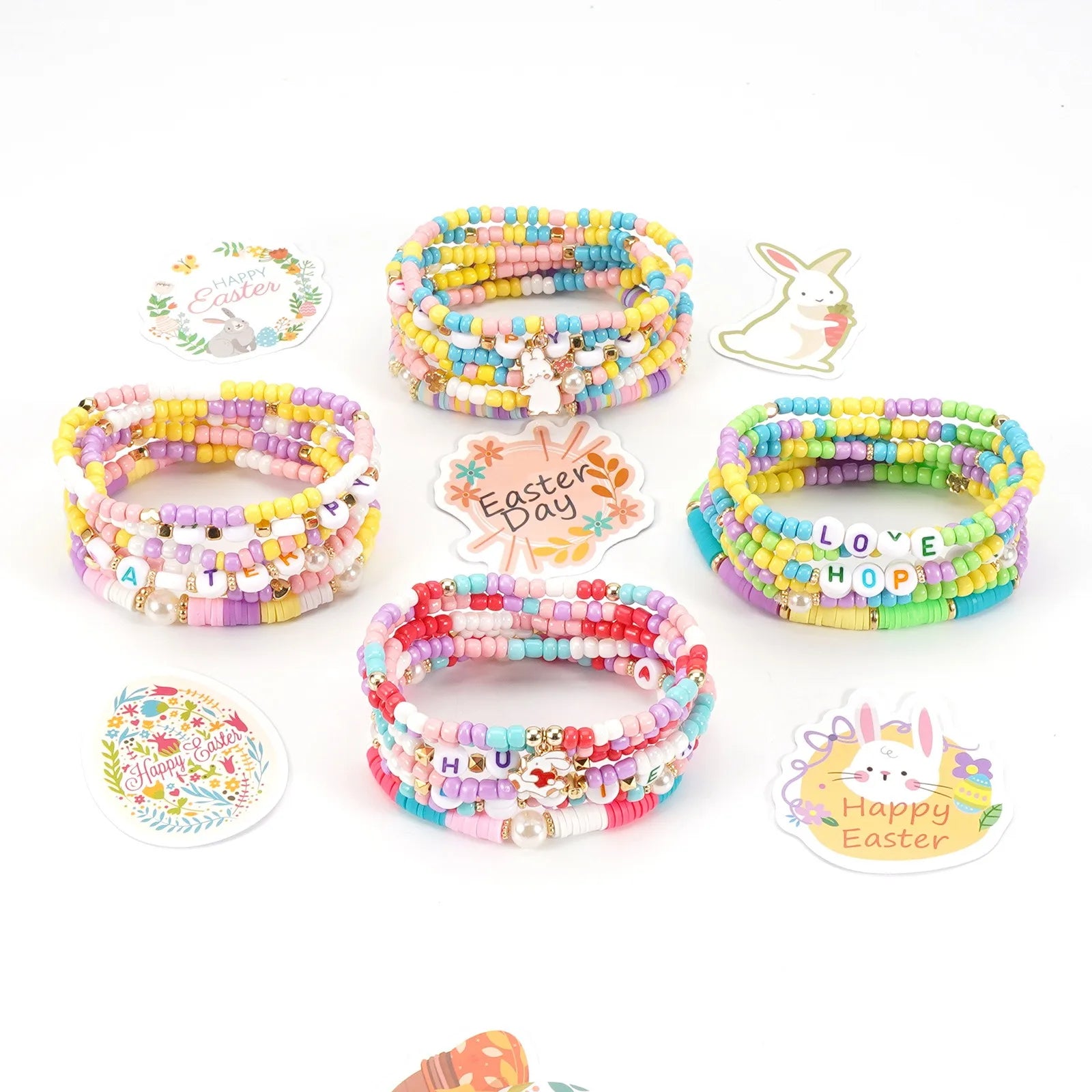 Ensemble de bracelets de Pâques, œuf de lapin de Pâques, perles en argile polymère, bracelet de perles de rocaille, bijoux de fête, cadeau pour filles