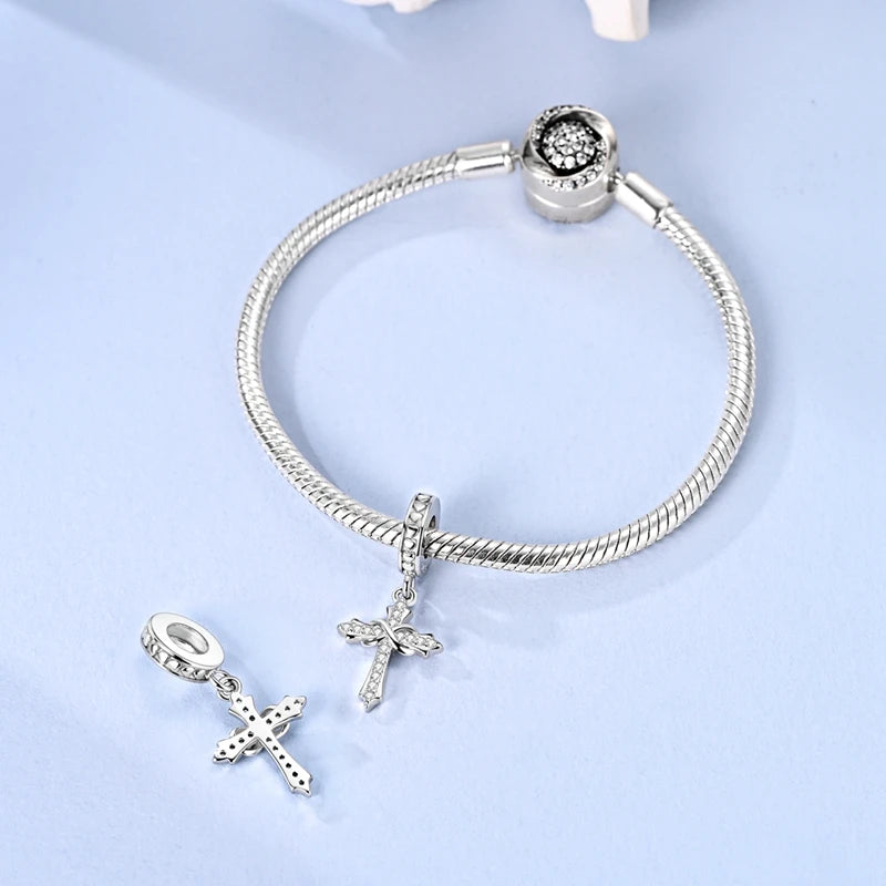 100% 925 Sterling Silver Charms Beads Bible Zircon Cross Jesus Both Hands Pray Fit 925 Original Bracelets Fine DIY Party Jewelry