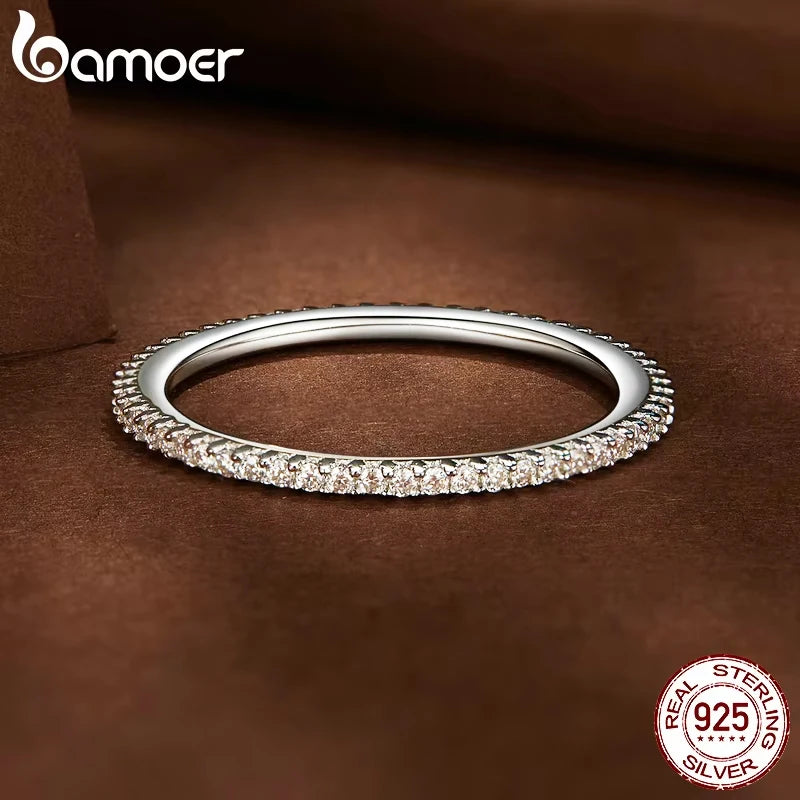 BAMOER Simple Moissanite Eternity Bands Minimalist Stackable Ring 925 Sterling Silver for Women Engagement Fine Jewelry Gift