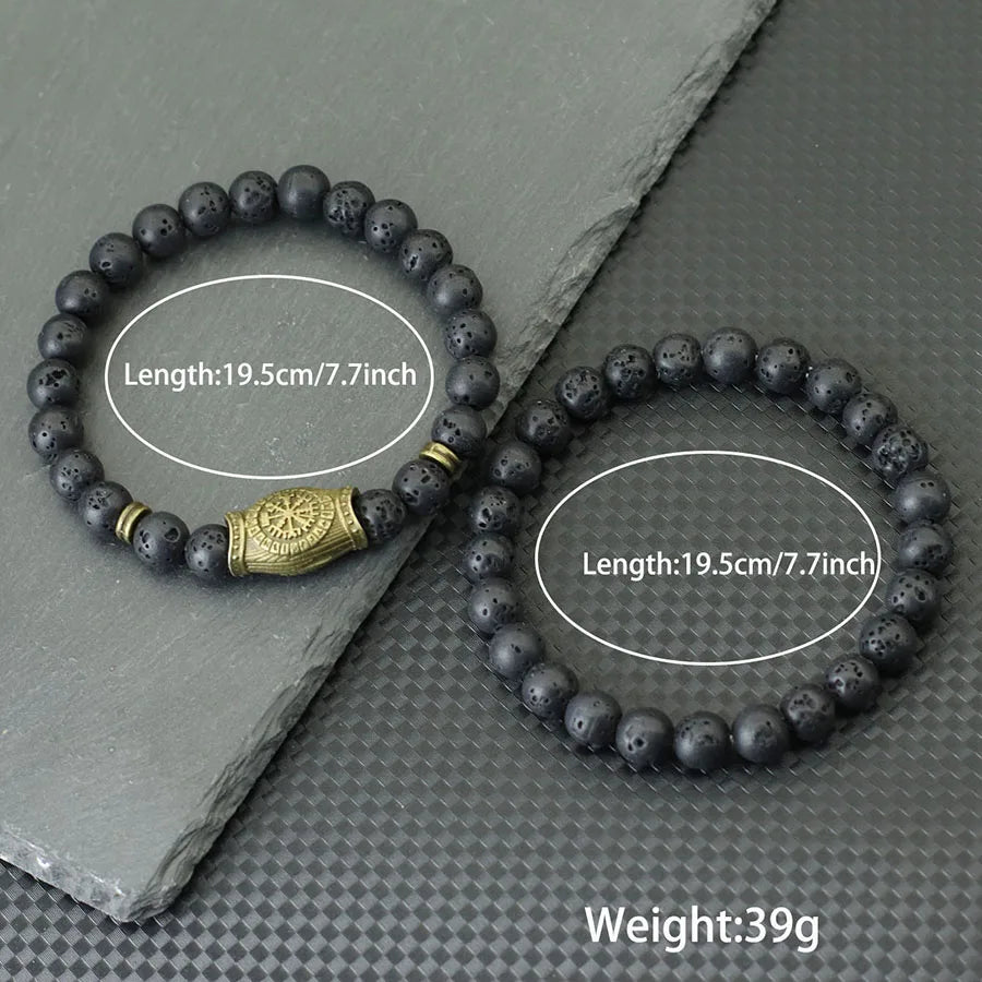 2Pcs Retro Viking Bracelet Set Men 8mm Volcano Howlite Hematite Stone Healing Braslet Meditation Yoga Prayer Strand Braclet Gift