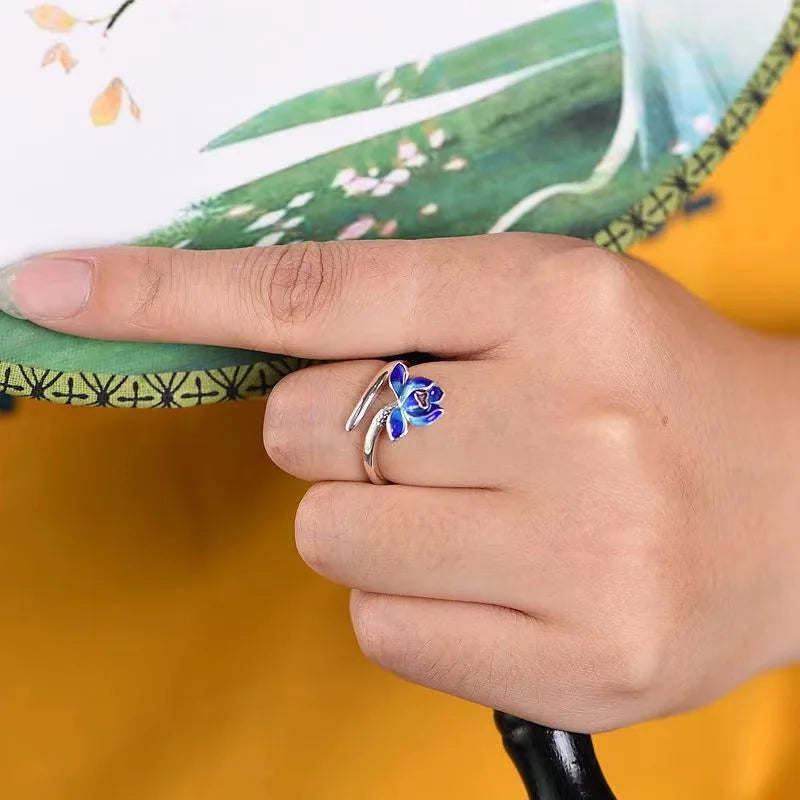 Retro Chinese Cloisonne Lotus Flower Ring For Women Punk Gothic Vintage Open Ring Handmade Designer Jewelry Unisex Accessories