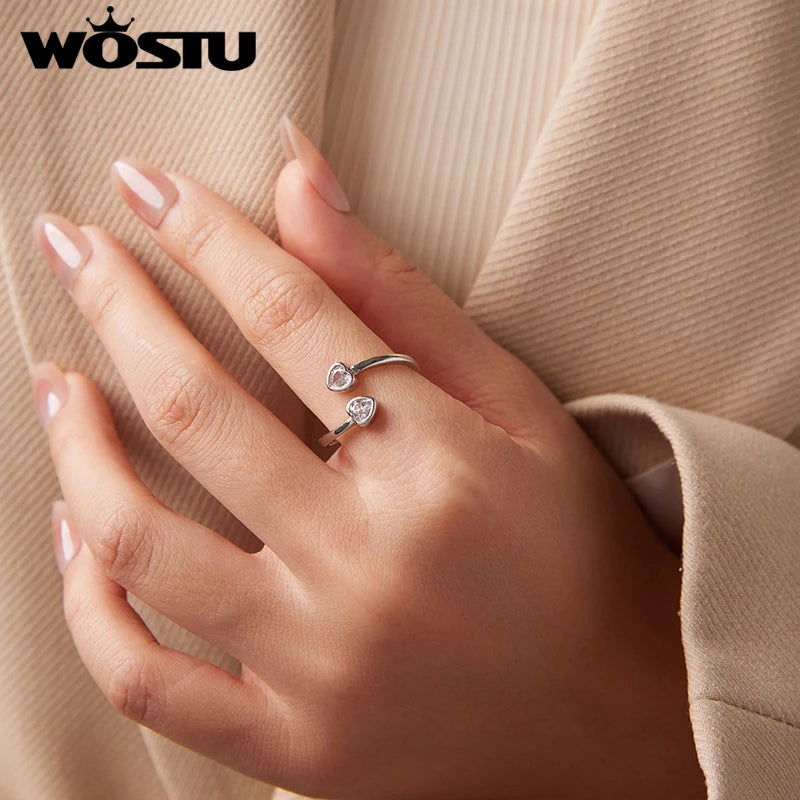 WOSTU Adjustable Double Heart Ring for Women, Sterling Silver Stackable Open Band Minimalist Promise Ring Gift for Lover Mom