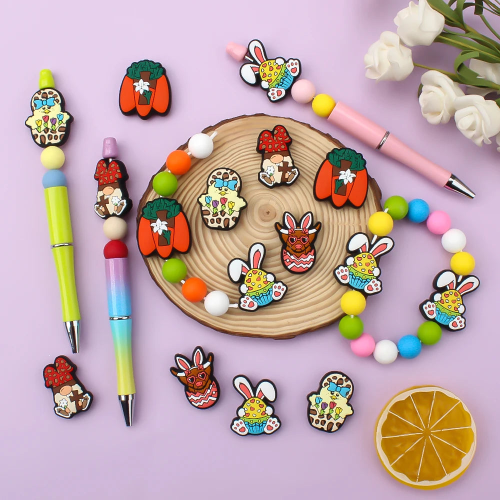 5/10pcs Silicone Beads Easter Egg Bunny Beads Cute for DIY Keychains Jewelry Accessories Bracelet Making Pen Decor Creative Gift