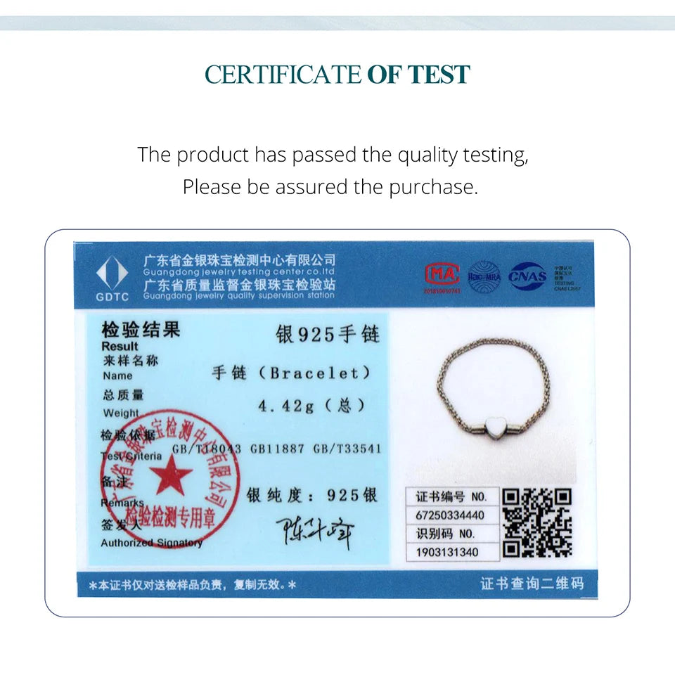 BAMOER 925 Sterling Silver Heart Love 3mm Chain Charm Bracelet for Women, High Quality Bracelet Fit for DIY Beads & Pendant