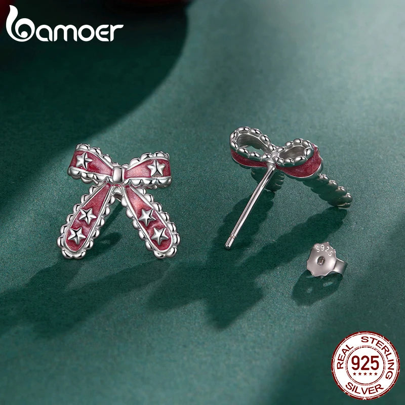 BAMOER 925 Sterling Silver Christmas Bow Stud Earrings, Enamel Stars Piercing Earrings Sweet Jewelry for Women Teen Xmas Gift
