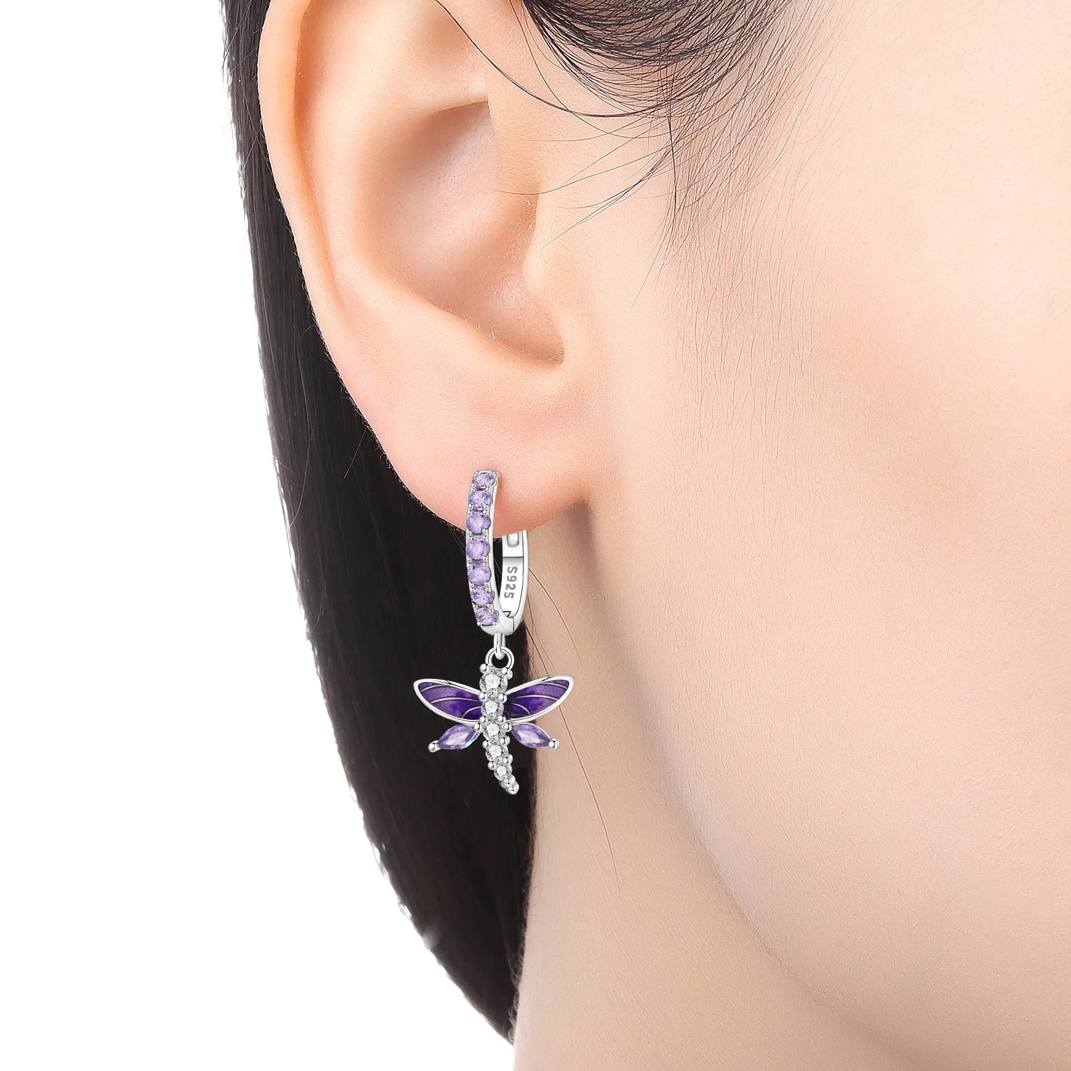PANPOKI 925 Sterling Silver Purple Zircon Dragonfly Insect Drop Earrings Women Earrings Charm Versatile Party Jewelry Gifts