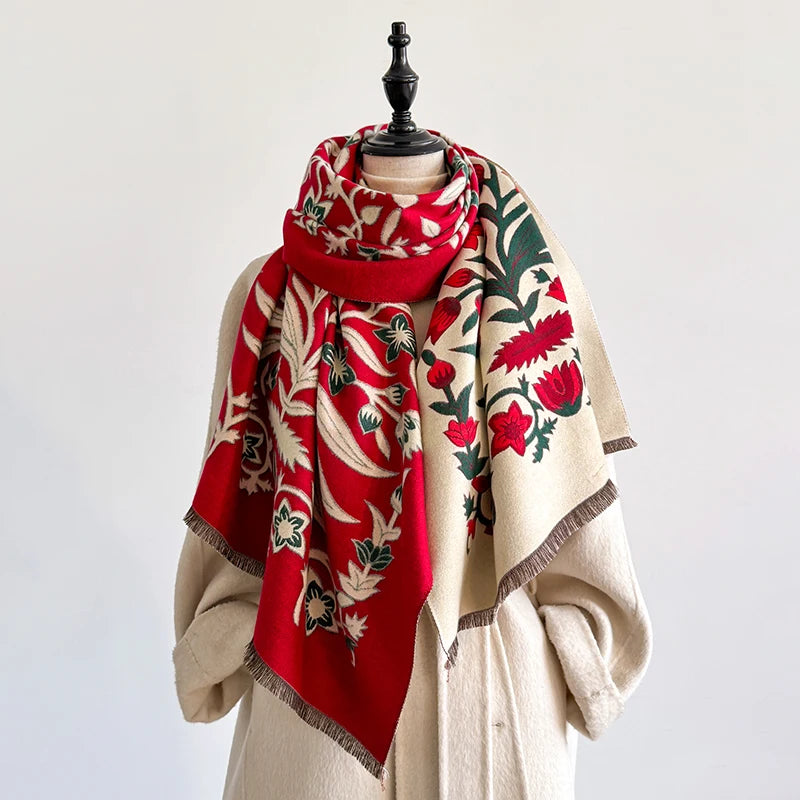 Elegant Women's Floral Jacquard Pashmina Shawl - Winter Thick Warm Double-Sided Tassel Design Coldproof Windproof Blanket Scarf