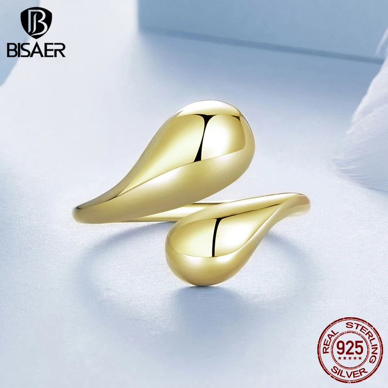 BISAER 925 Sterling Silver Water Droplet Open Ring Metal Statement Band Adjustable 18K Gold-Plated for OL Women Fine Jewelry