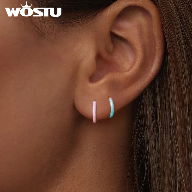 WOSTU 925 Sterling Silver Pink Round Hoop Earrings  Colors Heart Original Cute for Women Girl Daily  Fine Jewelry Birthday Gift