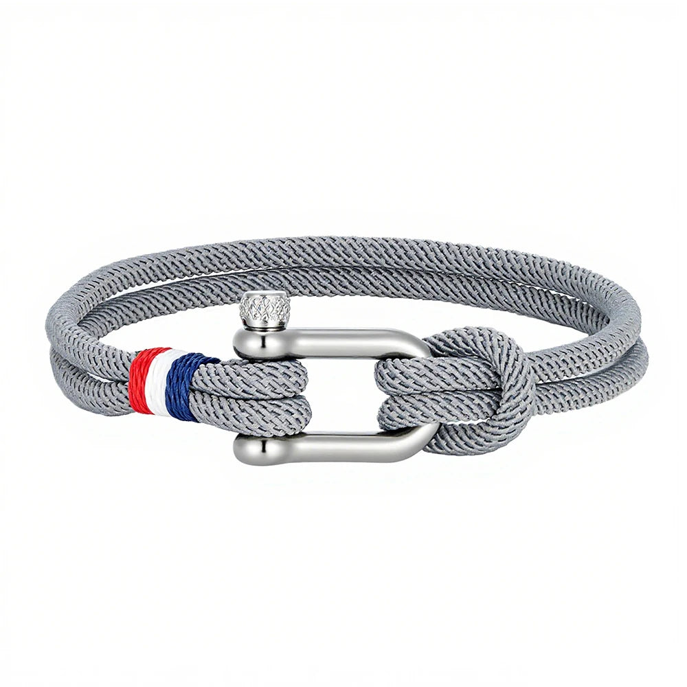 MKENDN Stainless Steel U-Shape Shackle Buckle Bracelet Men Women Handmade Woven Double-Layer Design France Flag Couple Jewelry