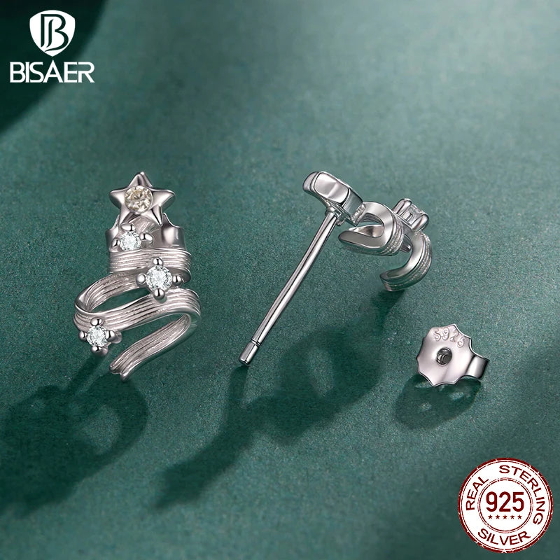 BISAER 925 Sterling Silver Christmas Tree Stud Earrings,Sparkling Zircon Lightweight Hypoallergenic for Women Party Fine Jewelry