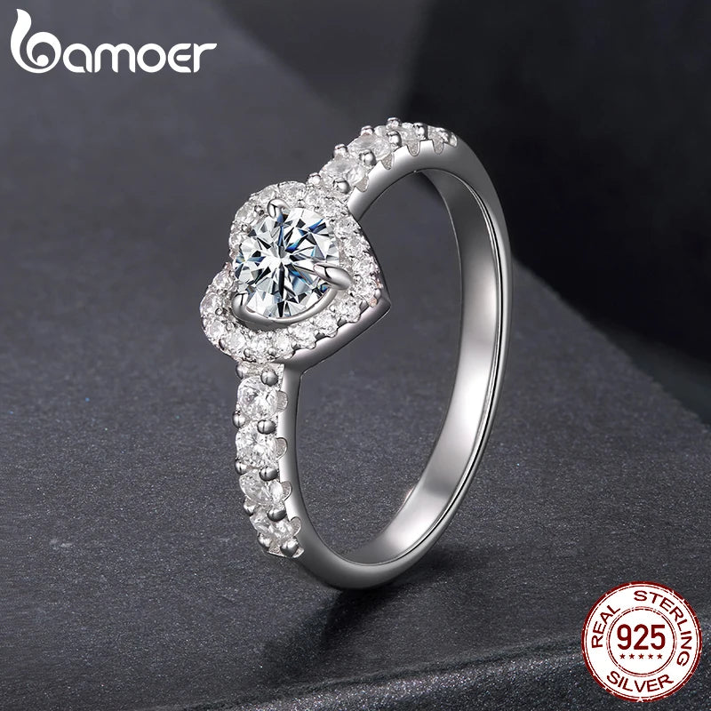 BAMOER 0.5CT Moissanite Hollowed Heart Engagement Band Ring Half Enternity Ring for Women Wedding Jewelry Round Cut D Color VVS1